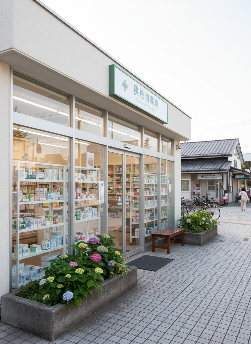 A clean, contemporary Japanese station-front pharmacy exterior in Kashiwazaki, photographed at eye level on a clear afternoon. The modest, well-kept storefront features large glass windows revealing neatly organized shelves of medicine and daily essentials inside. A simple, modern sign with a subtle green and white color palette hangs above the entrance, while a compact planter with seasonal greenery softens the sidewalk edge. Diffused natural daylight reflects gently off the glass, creating soft highlights without glare. The mood is professional yet warmly welcoming, suggesting a small but reliable neighborhood spot that “shines like a small gem.” Photographic realism with sharp focus throughout, balanced composition using the rule of thirds, and a calm, inviting atmosphere suitable for a local, trusted pharmacy.