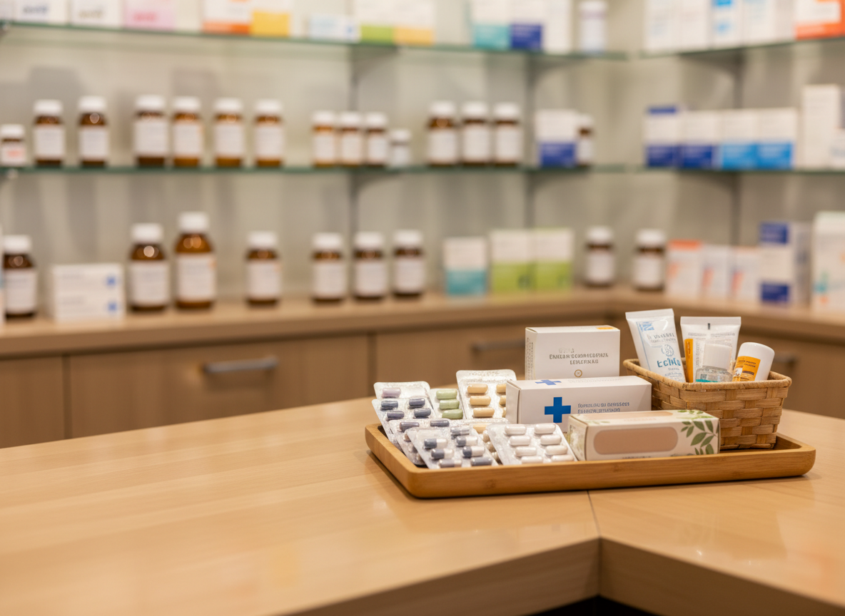 A close-up, photographic realistic shot of a neatly arranged pharmacy counter corner, featuring a smooth light-wood countertop with a small tray of carefully lined blister packs, bandage boxes, and a compact basket of travel-sized daily necessities. Behind the counter, softly blurred shelves display prescription bottles and organized medication boxes in calm, muted colors. Overhead, warm, diffuse lighting creates gentle reflections on the counter surface and subtle highlights along package edges. The composition uses shallow depth of field to keep the foreground items crisp while the background fades into a soft bokeh, evoking an intimate, attentive atmosphere. The mood is professional, precise, yet friendly, suggesting personalized service and a sense of being looked after in a small, trustworthy neighborhood drugstore.