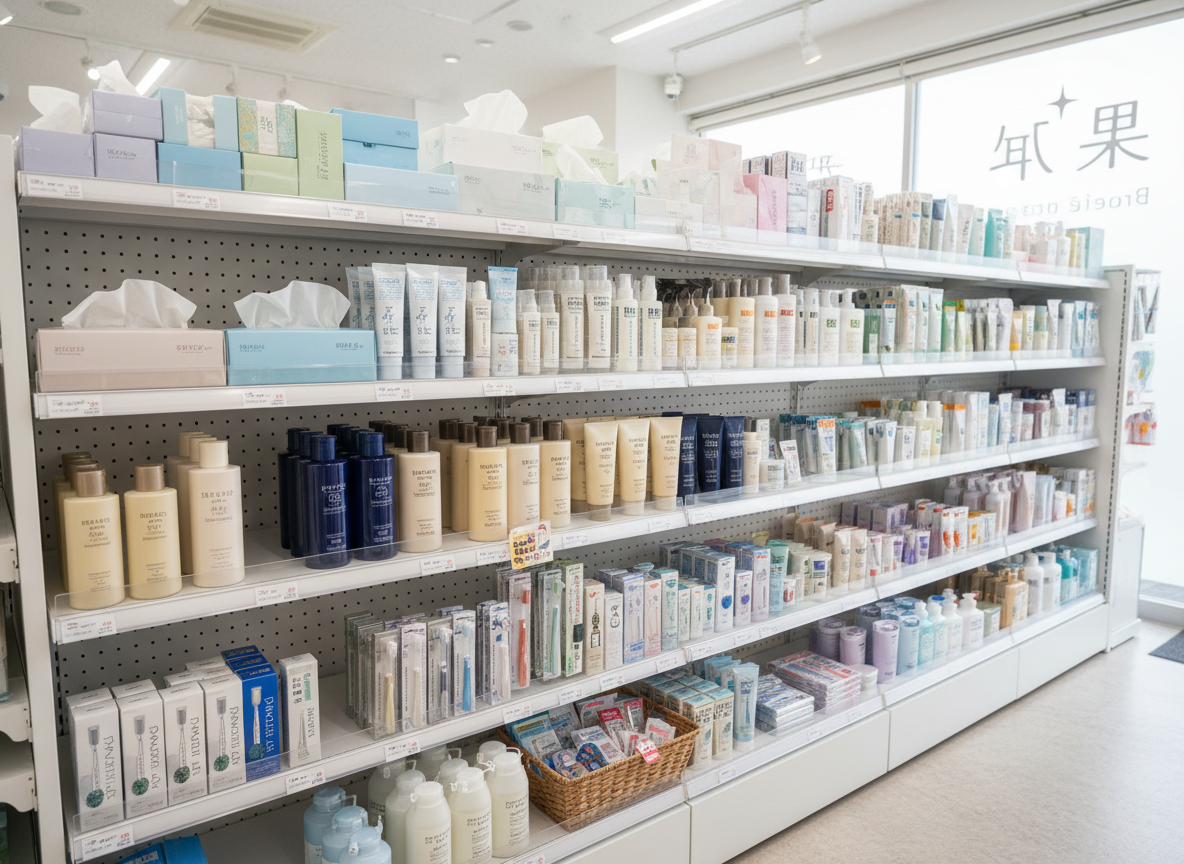 A well-organized display section dedicated to daily living goods inside a small Japanese station-front drugstore, photographed at an oblique angle. Sturdy white shelves hold neatly grouped items such as tissues, cleaning supplies, shampoos, and oral care products, all arranged by color and size to look visually calm and intentional. A small woven basket with sample-sized items sits on a lower shelf, adding a touch of warmth and homeliness. Soft overhead lighting and filtered daylight from the front windows combine to eliminate harsh shadows, creating a clear, bright view of every product. The mood is practical yet comforting, emphasizing that this is a convenient place where everyday needs are thoughtfully supported. Photographic realism with a clean, modern aesthetic and sharp focus from front to back.
