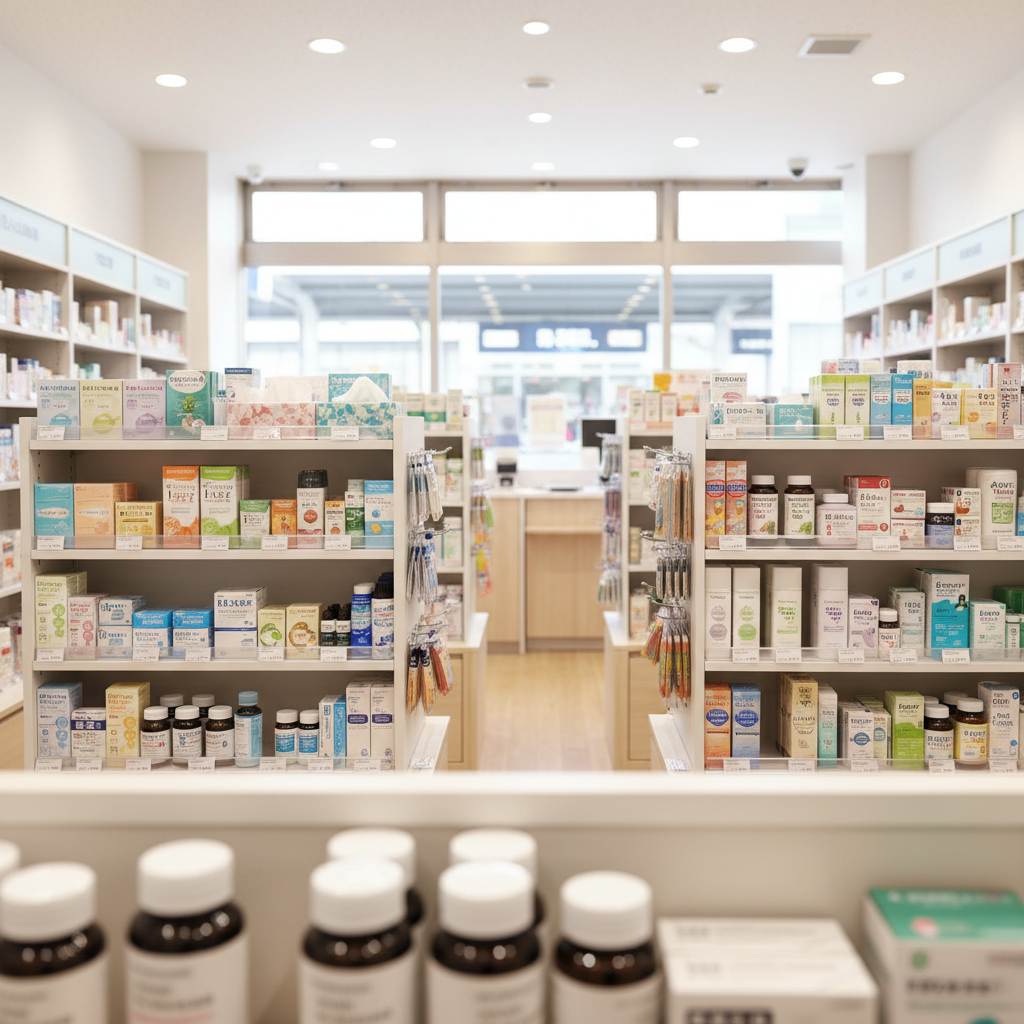 A bright, orderly interior view of a compact Japanese pharmacy in front of a station, captured from a slightly elevated angle. Narrow but efficient aisles are lined with low, white shelving stocked with over-the-counter medicines, supplements, and essential daily goods like tissues, detergents, and toiletries. Colors are soft and harmonious, with light wood accents and clear labeling on packages, avoiding any readable text overlays. Warm ceiling lighting blends with soft daylight from the storefront windows, creating an evenly lit, comfortable space. The mood is reassuring, tidy, and approachable, emphasizing that this is a familiar place to stop by on the way home. Photographic realism with sharp detail in the foreground and gentle depth toward the back, highlighting a sense of compactness and coziness rather than clutter.